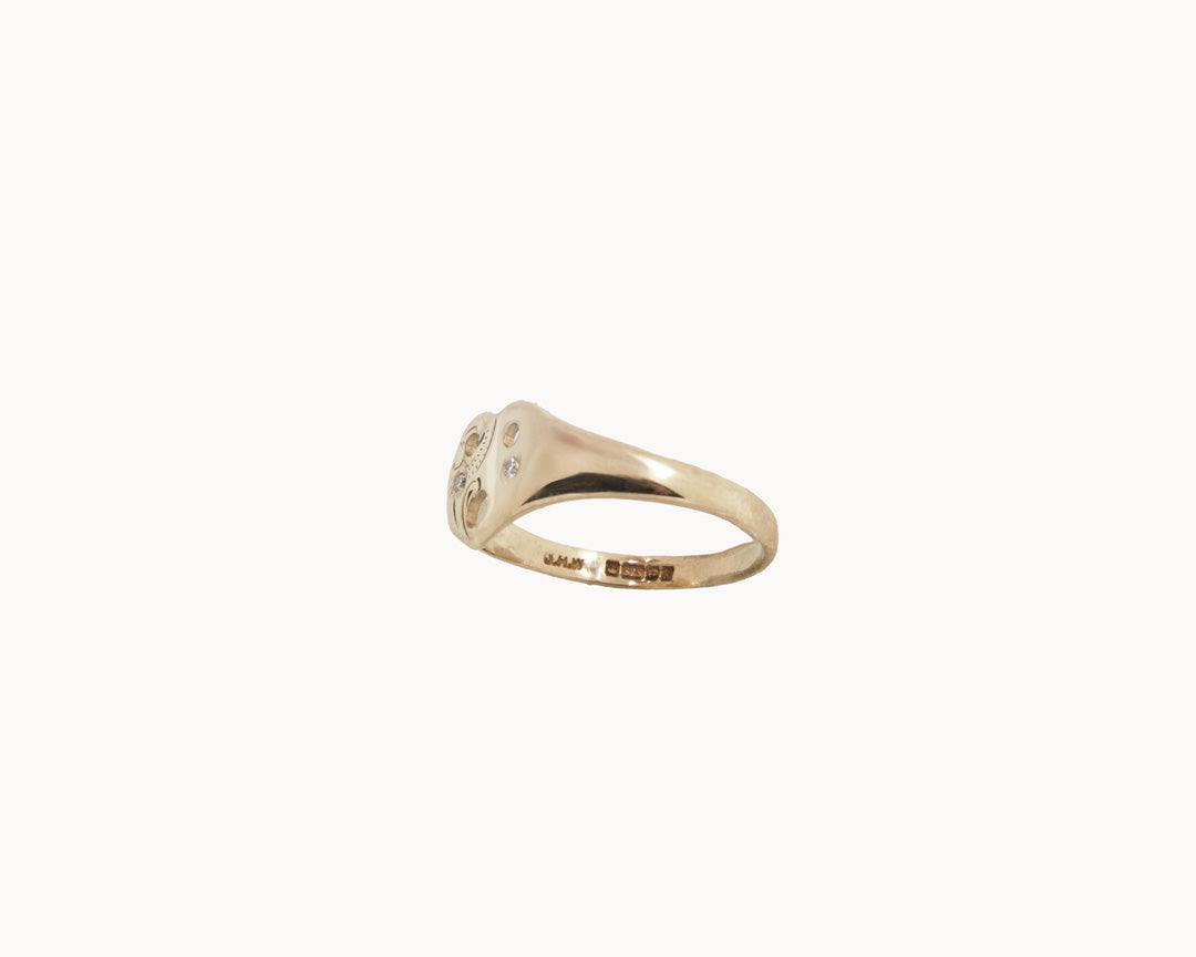 “WHAT!” Gold Heart Emoji Signet Ring with Diamond Cheeks and Face Tattoo