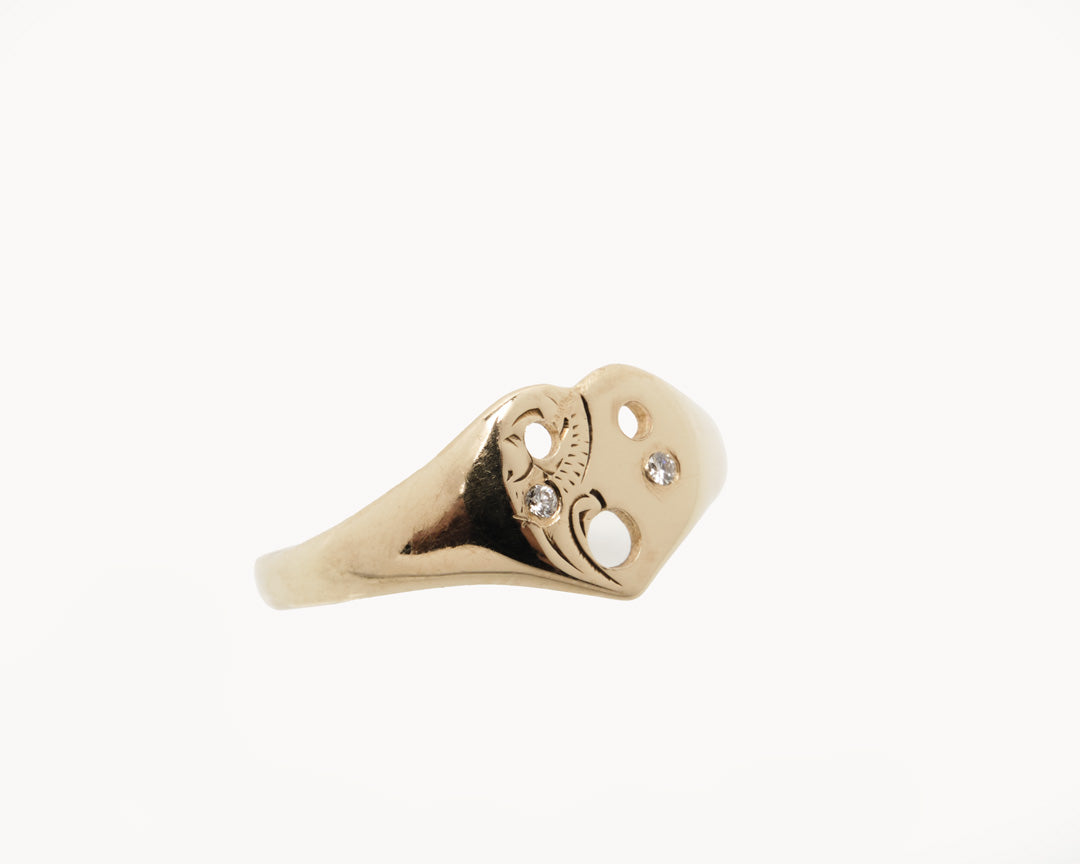 “WHAT!” Gold Heart Emoji Signet Ring with Diamond Cheeks and Face Tattoo