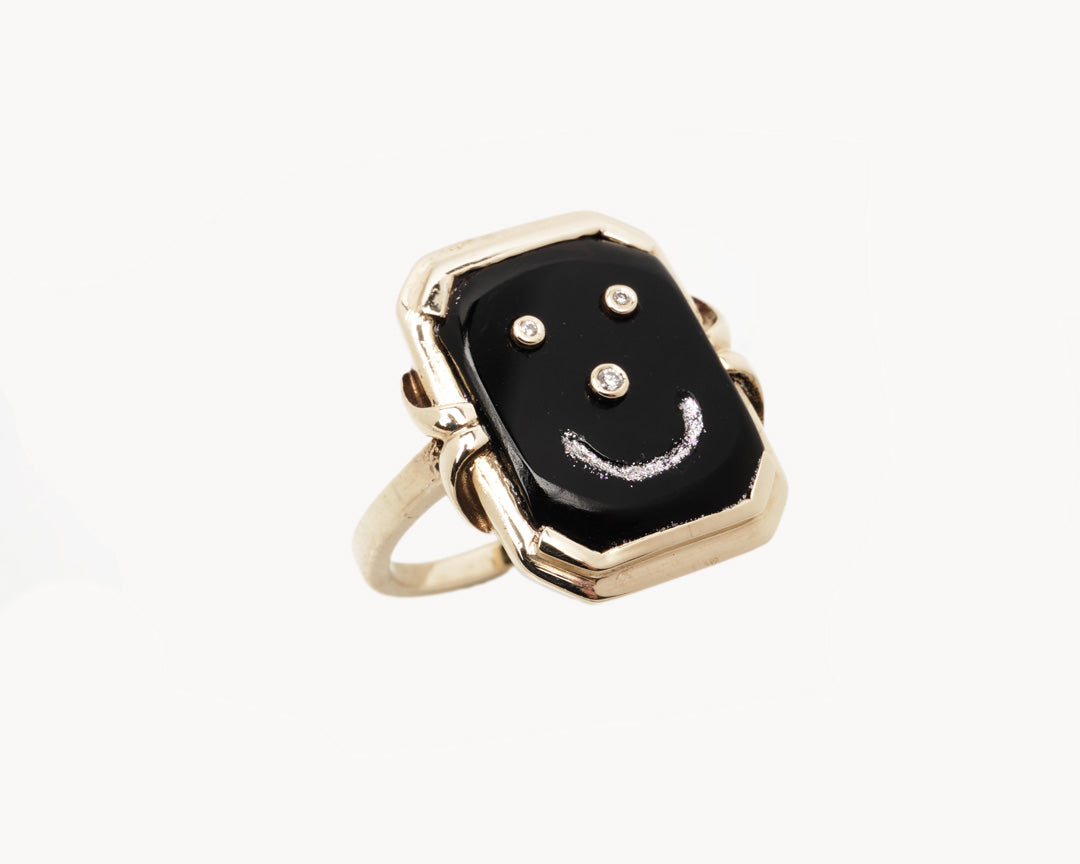 "SMILEY" Rectangle Onyx & Gold Ring with Diamond Eyes and Nose