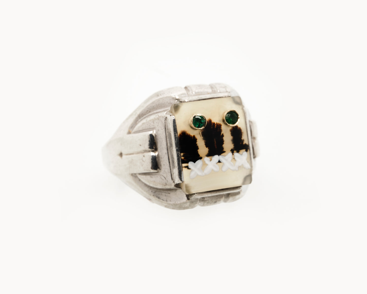 "Metropolis" Agate Emoji Signet Ring with Emerald Eyes