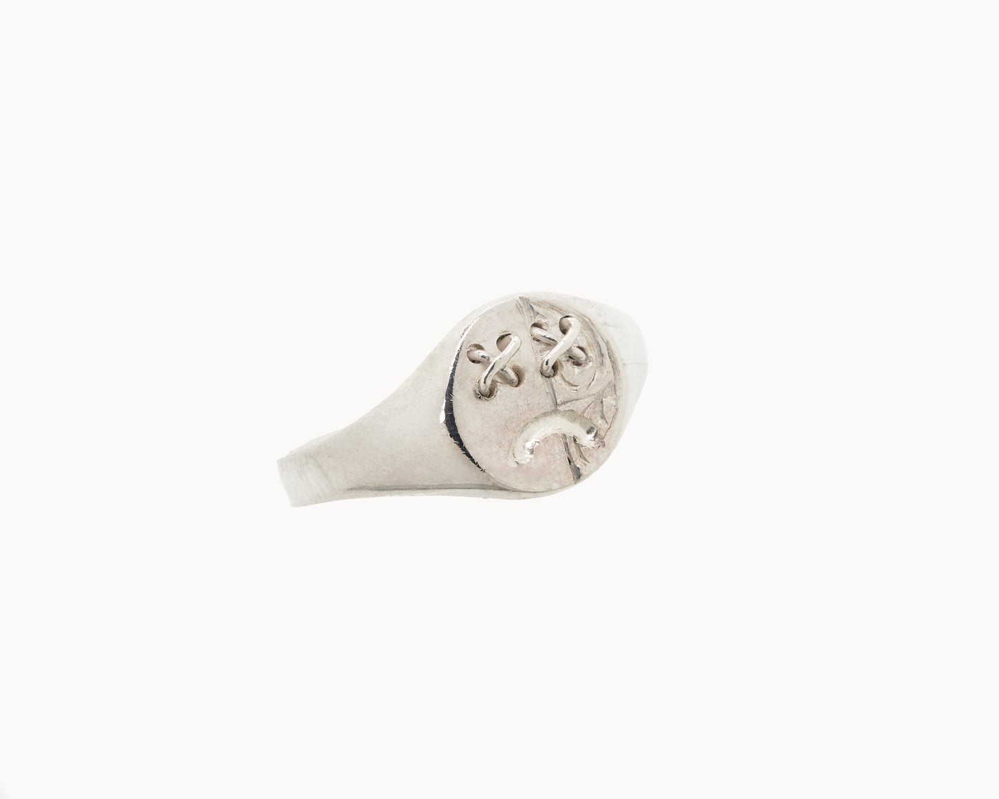 "Sads” Sterling Silver Round Emoji Signet Ring with Face Tattoo