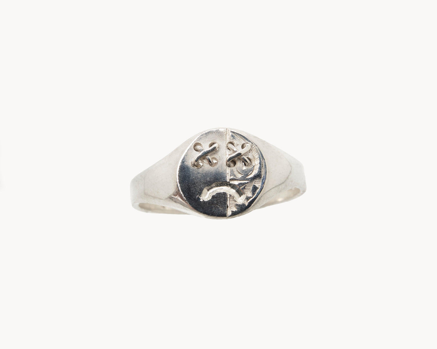 "Sads” Sterling Silver Round Emoji Signet Ring with Face Tattoo