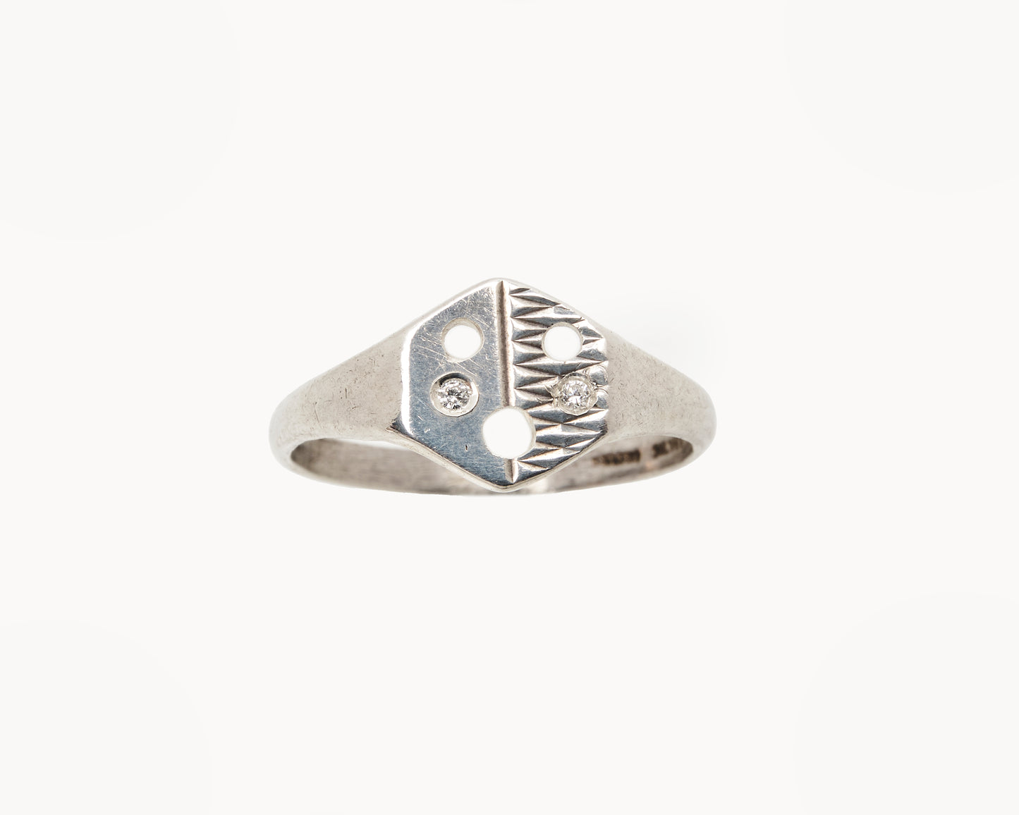 “WHAT!” Sterling Silver Hexagon Emoji Signet Ring with Diamond Cheeks and Zig Zag Face Tattoo