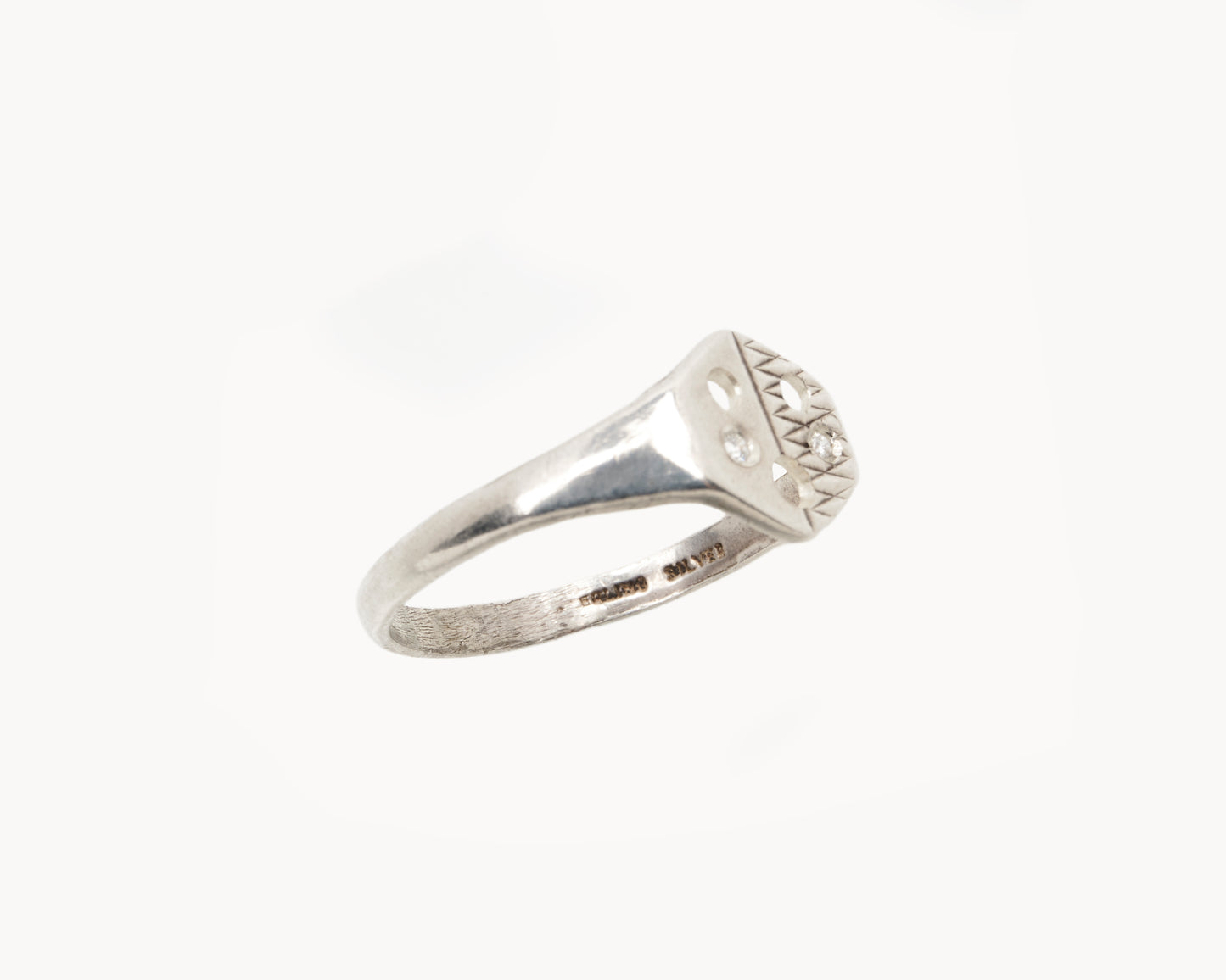 “WHAT!” Sterling Silver Hexagon Emoji Signet Ring with Diamond Cheeks and Zig Zag Face Tattoo