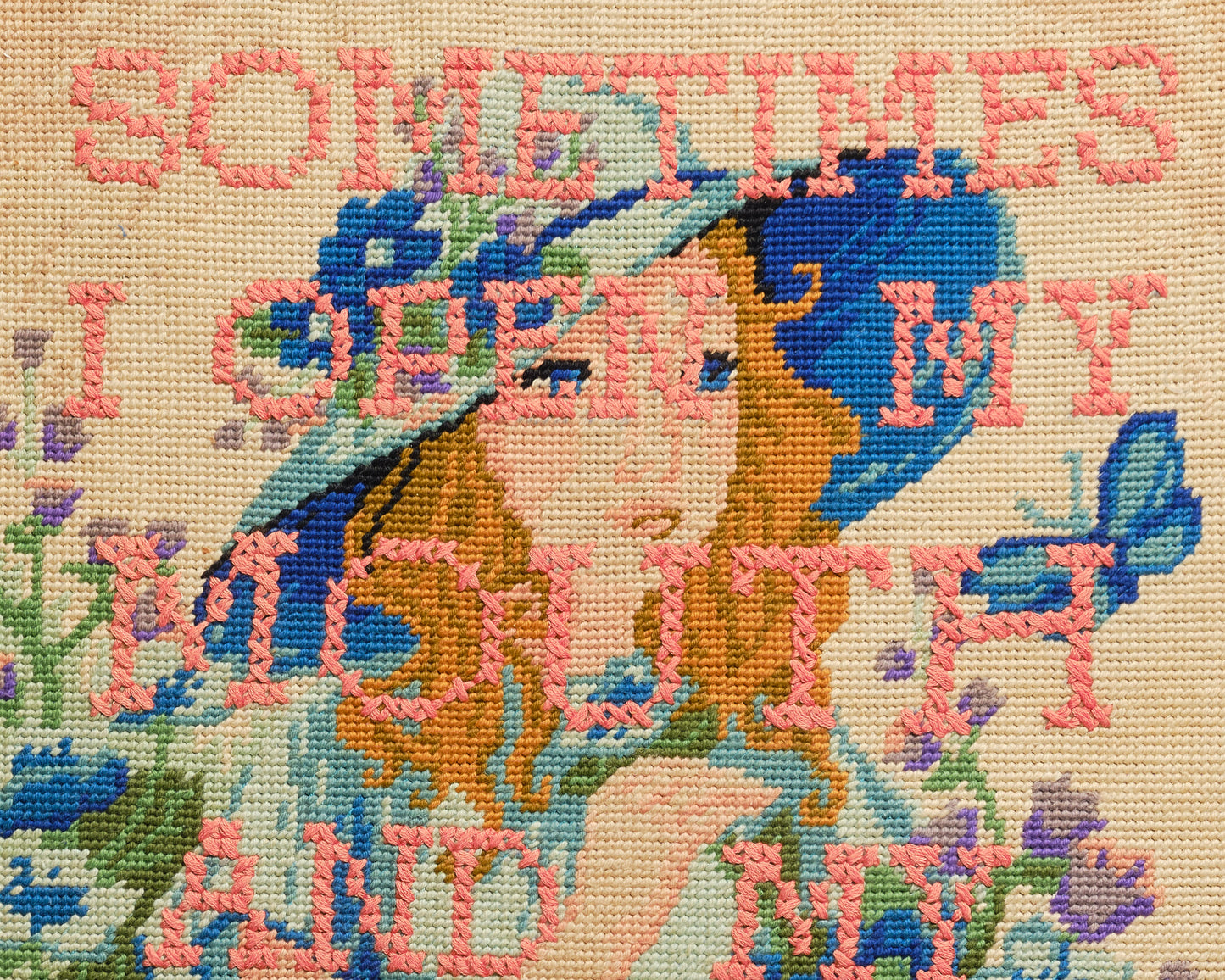 "Sometimes Mother" Girl with Butterfly Reworked Vintage Tapestry