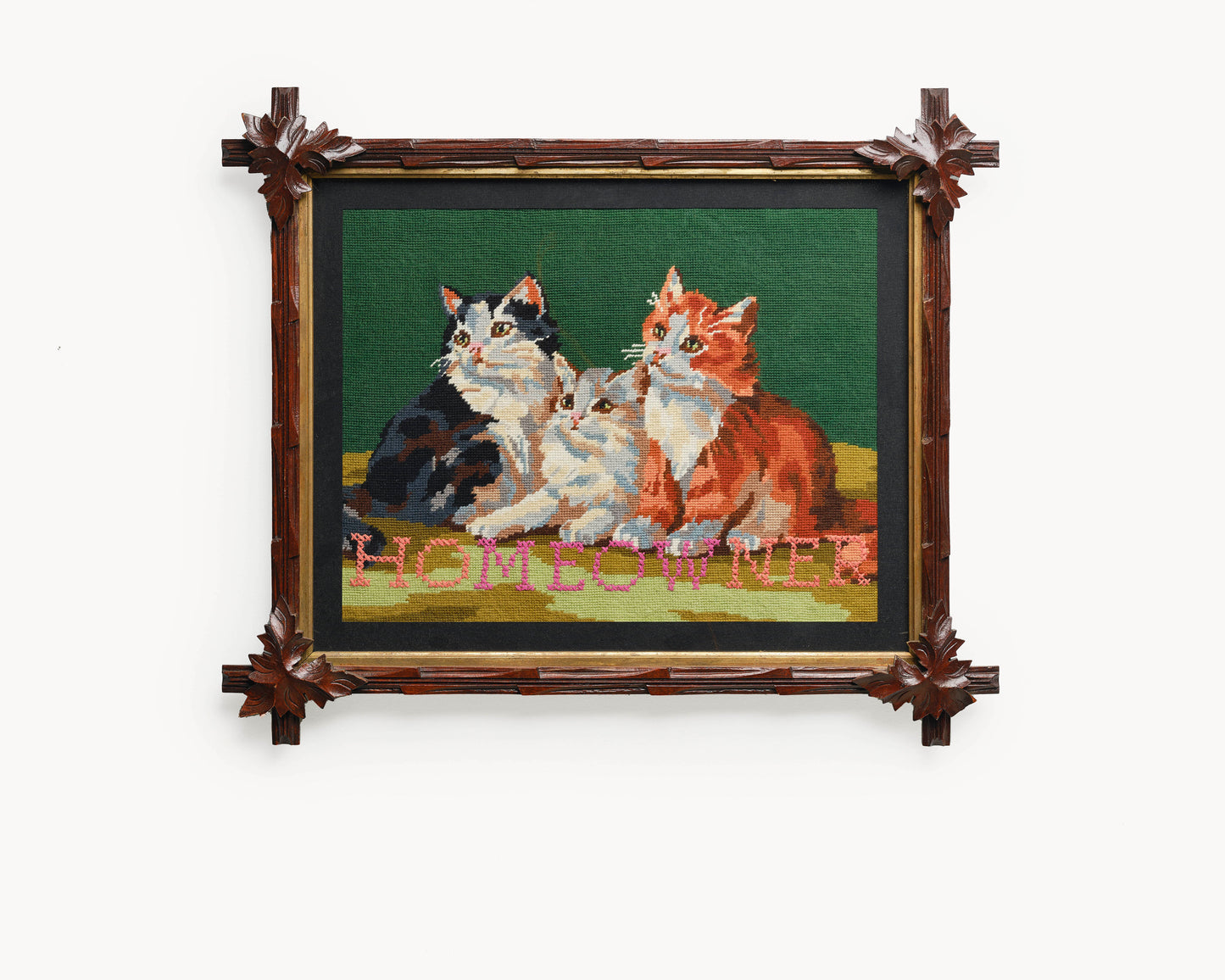 "hoMEOWner" 3 Cats in Hand Carved Frame