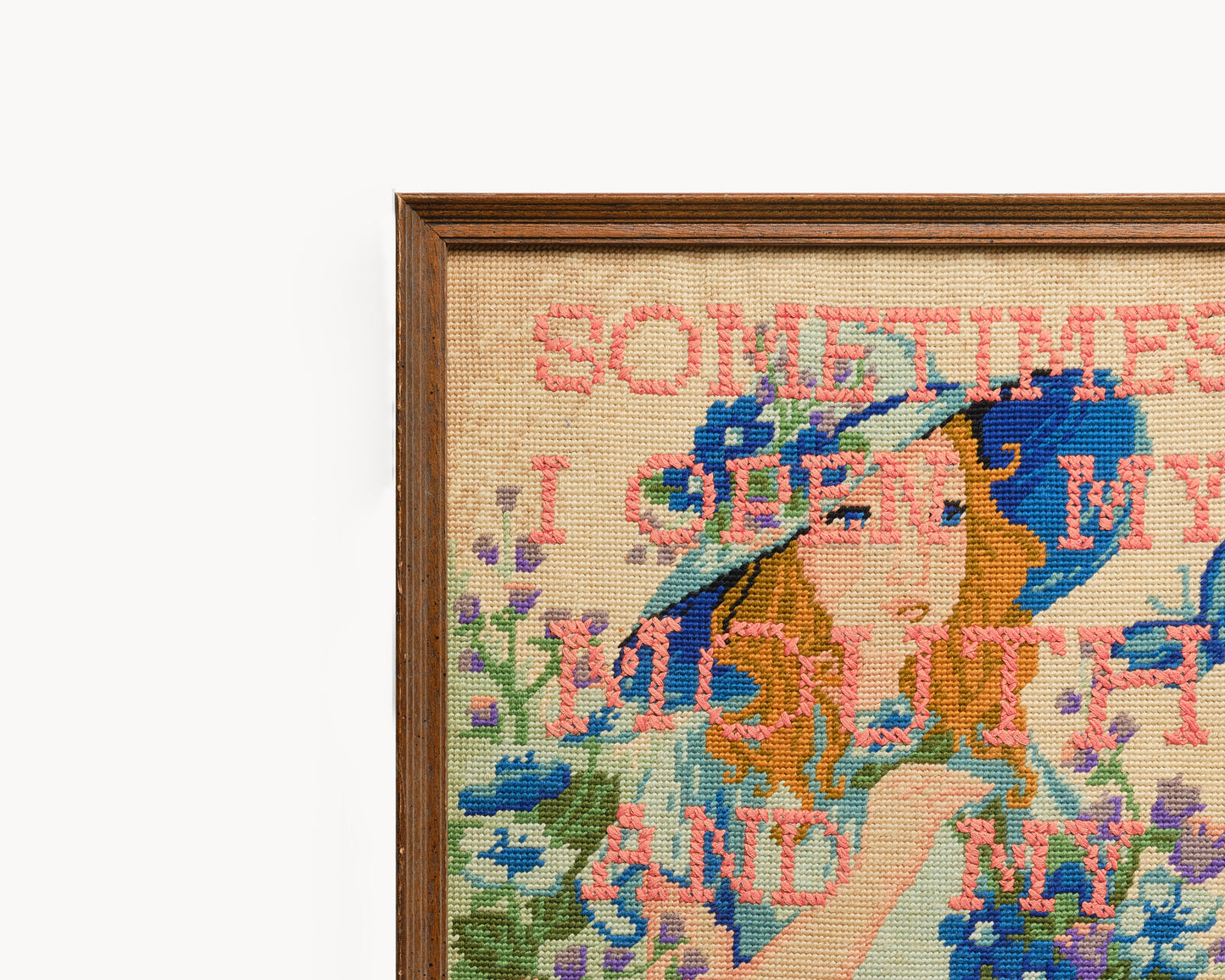 "Sometimes Mother" Girl with Butterfly Reworked Vintage Tapestry