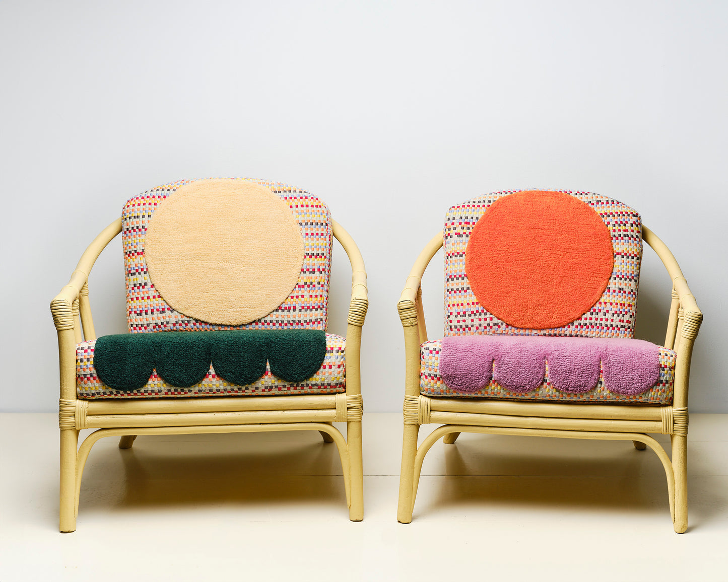 "8-bit" Backward Facing Ghost Yellow Rattan Club Chairs