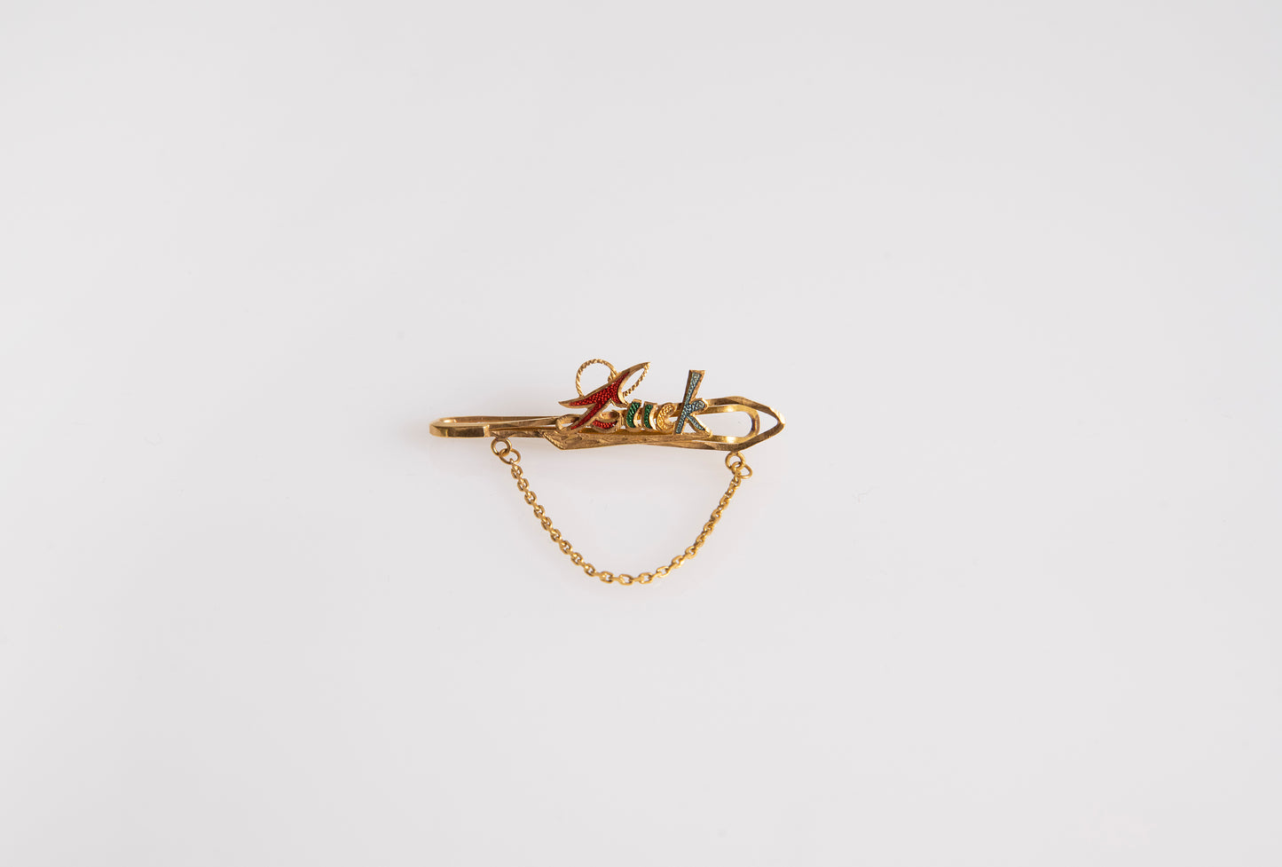 "Luck" Antique Tie Clip w/Enamel and Gold Chain